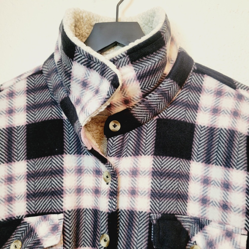 Soho Threads Womens XL Plaid Sherpa Lined Fleece Shirt Jacket Shacket Navy Pink - Picture 6 of 16